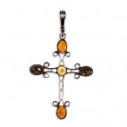 Pendentif ambre et argent croix multicolore