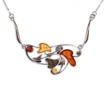 Collier ambre et argent farandole de cœurs multicolores