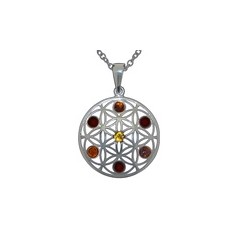 Pendentif ambre et argent Fleur de Vie Multicolore
